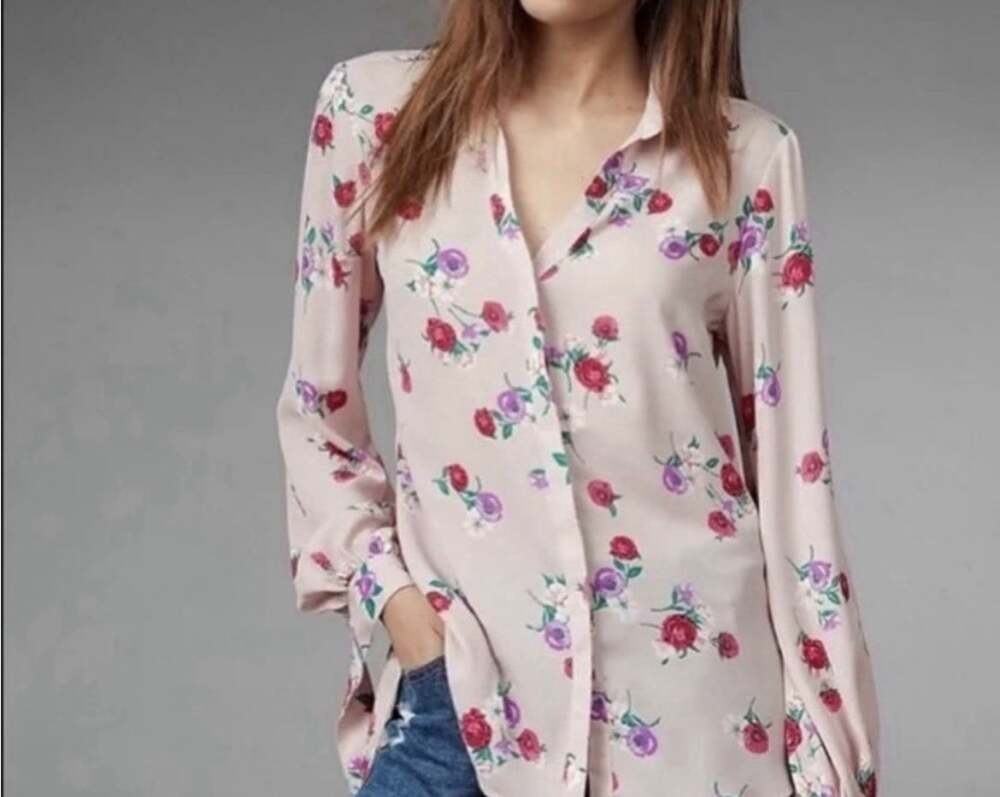 Express Portofino Shirt Women’s Small Pink Rose Garden Slim Fit Bow Cuffs